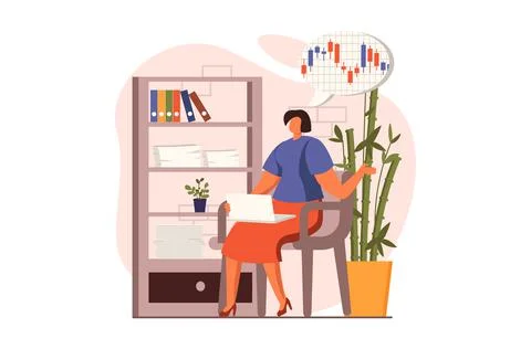 Business activities web concept in flat design. Woman analyzes data and makes Stock Illustration