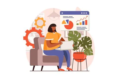 Business activities web concept in flat design. Woman analyzes company Stock Illustration