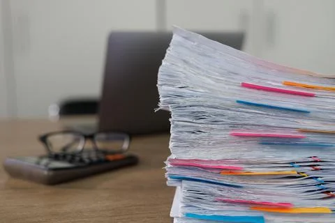 Business administration and data documents on office desk, Stack of business  Stockfoto's