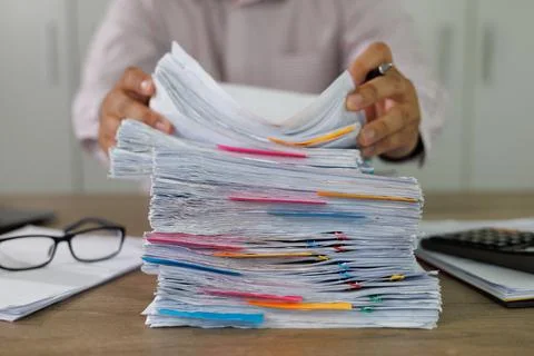 Business administration and data documents on office desk, Stack of business  Stockfoto's