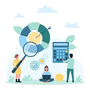 Business analysis, analytics, tiny people analyze pie chart with magnifying Stock Illustration
