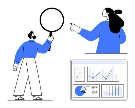 Business Analysis and Data Presentation with Charts and Magnifying Glass Stock Illustration