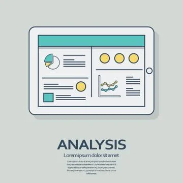 Business analysis background with tablet computer devices and line art icons Stock Illustration