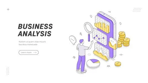 Business Analysis banner template. Isometric vector illustration shows a man  Stock Illustration