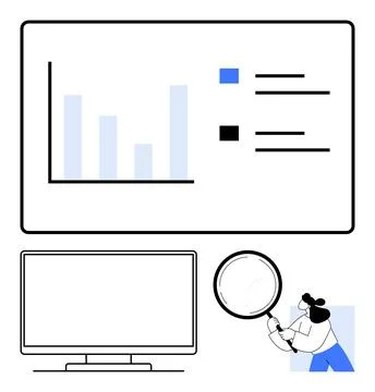 Business analysis with bar chart presentation and data investigation on com.. Illustrazione stock