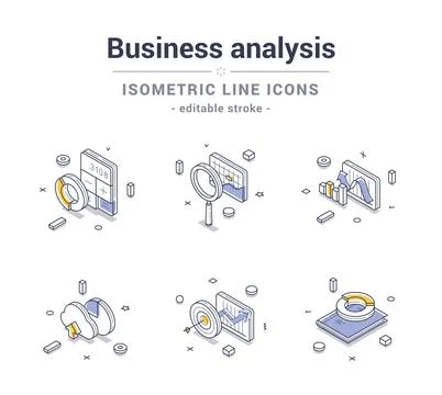 Business analysis chart information research line icon set isometric contoure Stock Illustration