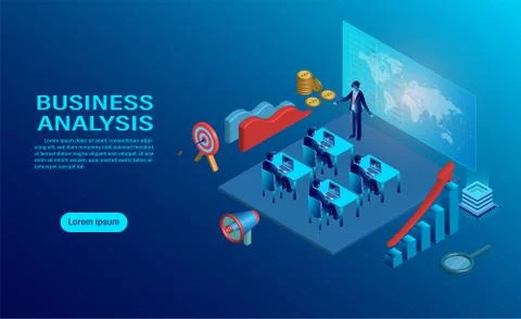 Business analysis concept with character. creative interactive workspace, dev Stock Illustration