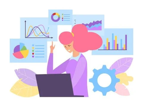 Business analysis concept vector illustration. Specialist behind laptop Stock Illustration