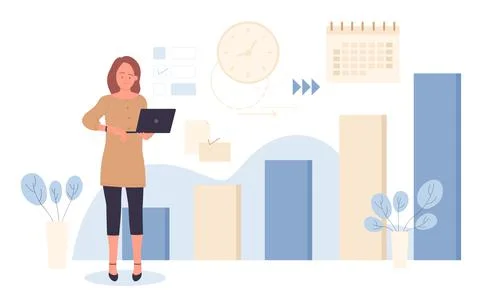 Business analysis of data report, financial plan and time management with tiny Illustrazione stock