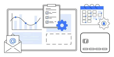 Business Analysis with Graphs, Calendar, Email, and Credit Card Elements Hi.. Stock Illustration