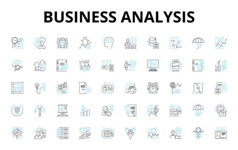 Business analysis linear icons set. Metrics, Strategy, Data, Goals, Planning Stock Illustration