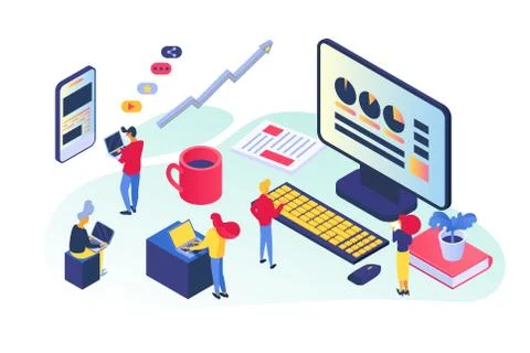 Business analysis at office, isometric vector illustration. Teamwork developing Stock Illustration
