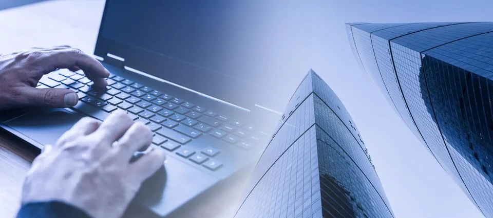 Business analysis platform banner background. Man and laptop on background Stock Photos