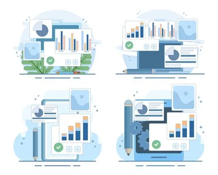 Business analysis set featuring smartphone charts, digital reports, audit tools. Stock-Illustration