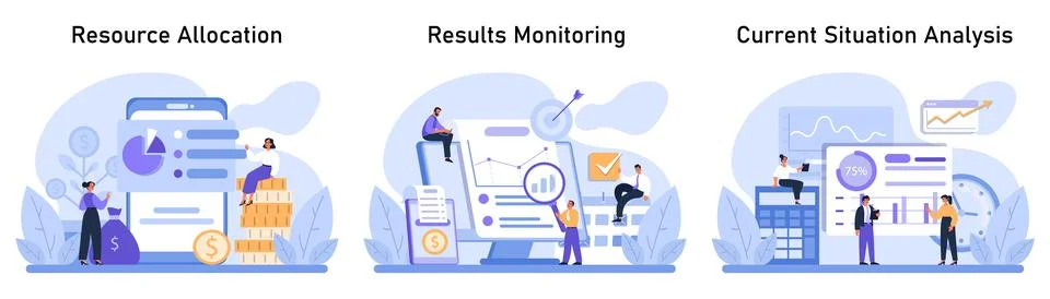 Business Analysis set. Teams navigating financial growth, monitoring performance 스톡 일러스트