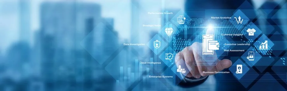 Business analyst analyzing digital data pointing hand at Business Intellige.. Stock Photos