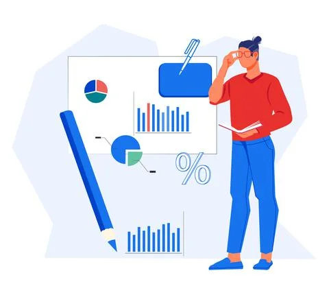 Business analyst analyzing financial statistics report, flat t vector isolate イラスト素材