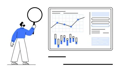 Business analyst in blue examining data dashboard with charts and graphs usin 스톡 일러스트