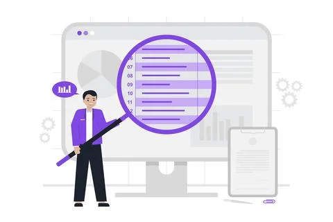 A business analyst examining data on a large screen with a magnifying glass.. Stock Illustration