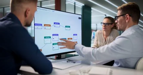 Business Analyst Explains Automated Workflow Optimization To Diverse Team Mem Stock Photos
