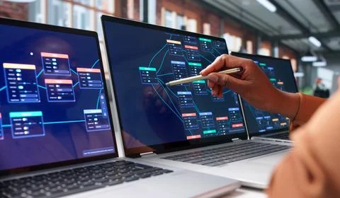 Business Analyst Guides Team Using Visual Low Code Platform On Laptop. Stockfoto's