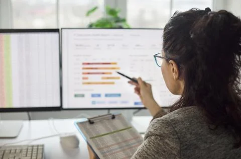Business analyst pointing at data report on dual monitors in bright office Stock Photos