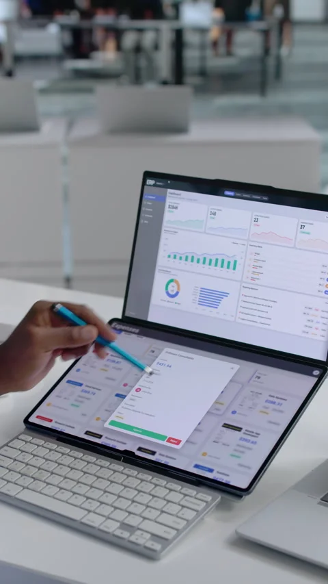Business Analyst Reviewing Expense Reports On Laptop Stock Footage 343882999