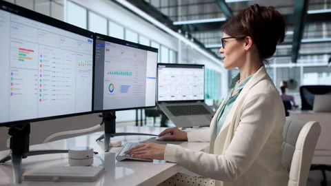Business Analyst Reviews ERP Software Data On Laptop Stock Footage 342973340
