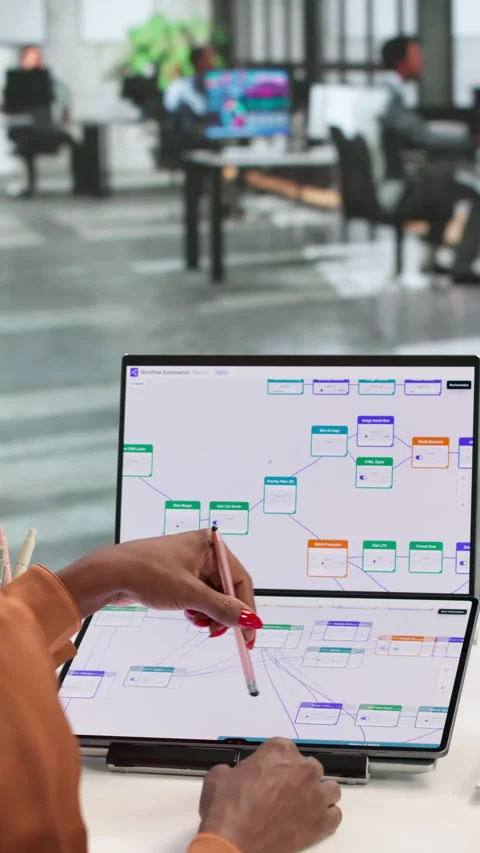 Business Analyst Reviews Workflow Automation Tools On Laptop 스톡 동영상 337646987