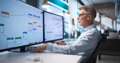 Business Analyst Studies Automated Workflow Software On Desktop Computer Care Stock Photos