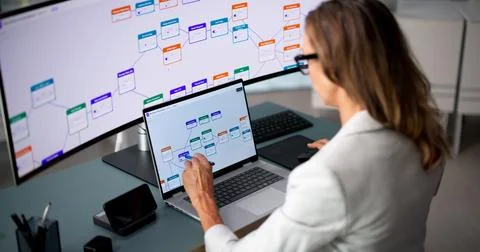 Business Analyst Studies Automated Workflow On Curved Ultrawide Computer Scre Stock Photos