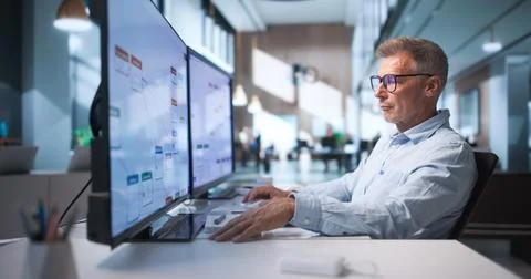 Business Analyst Studies Automated Workflow System Using Desktop Computer Too Stock Photos