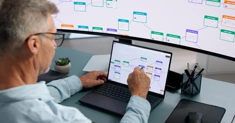 Business Analyst Studies Workflow Automation System Using Laptop For Optimiza Stock Photos