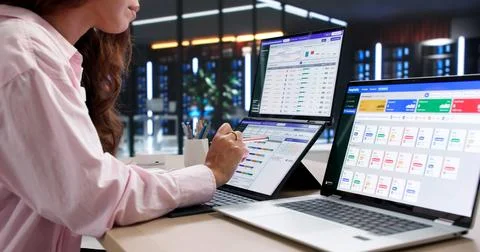 Business Analyst Studying Interactive Laptop Dashboards For Valuable Data Ins Stock Photos