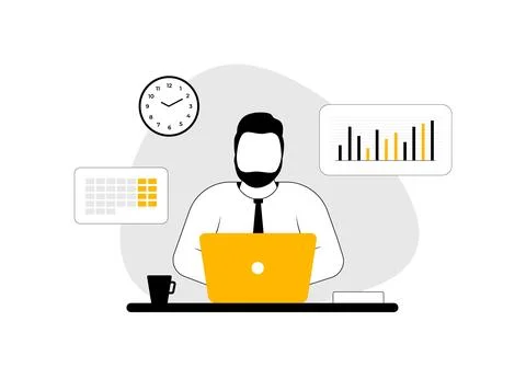 Business Analyst uses computer and dashboard for data analysis. Analytics for Stock Illustration