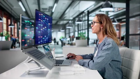 Business Analyst Uses Low Code Platform On Laptop Video stock 337633301