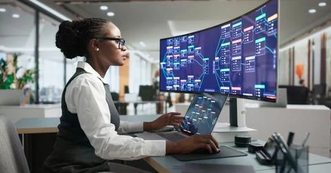 Business Analyst Uses Low Code Platform To Rapidly Build App Workflows. Stock Photos