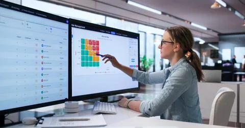Business Analyst Using Software To Review Risk And Strategy Details. Stock Photos