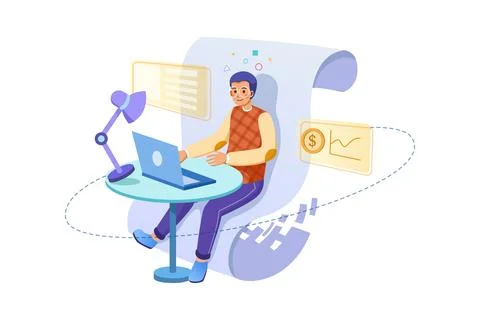 Business analyst working on statistical data paper documents &amp; using laptop c Stock Illustration