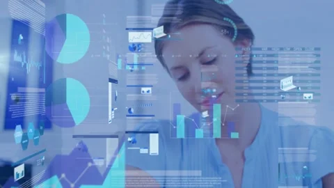 Business analyst writing with pen, causing charts to shift to stacked bars, line Stock Footage 332822001