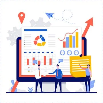 Business analysts teamwork with tiny character. People develop a strategy t.. Stock Illustration