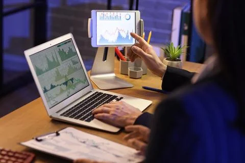 Business analysts working at table in office. Data science concept Stock Photos