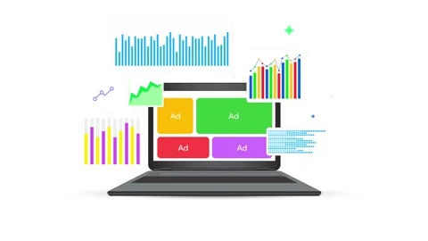 Business analytics and ads conversion showing on the laptop screen with floating Stock Footage 307797459
