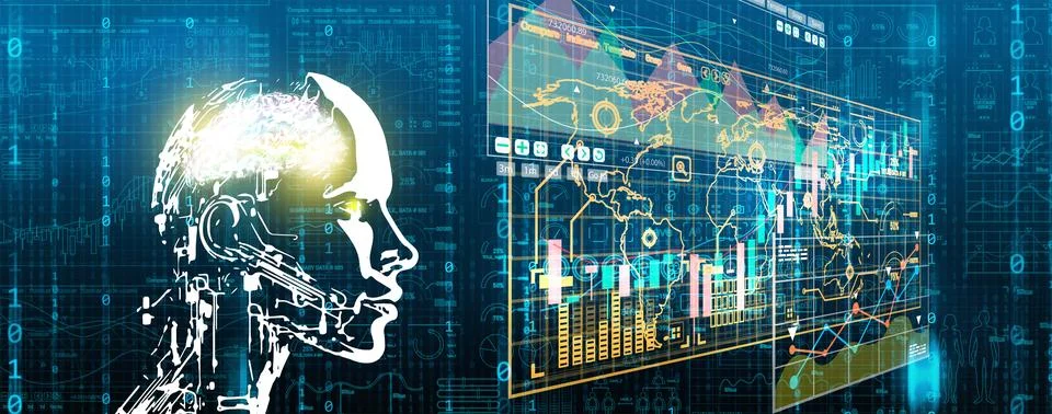 Business Analytics and Data Management System by AI. A Humanoid Robot, Arti.. Illustrazione stock