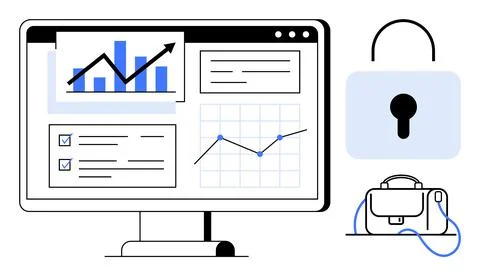 Business analytics and data security concept featuring screen with charts a.. Stock Illustration