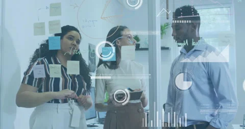 Business analytics and data visualization animation over diverse team discussing Stock Footage 305619828
