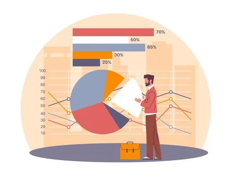 Business analytics and data visualization. Analyst presenting charts, statistics Stock Illustration