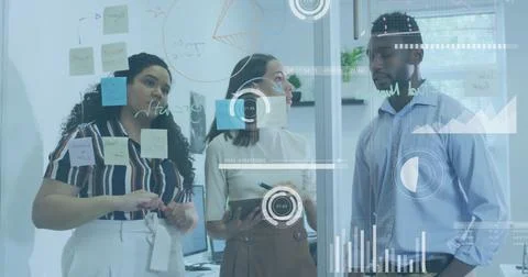 Business analytics and data visualization image over diverse team discussing in Foto stock