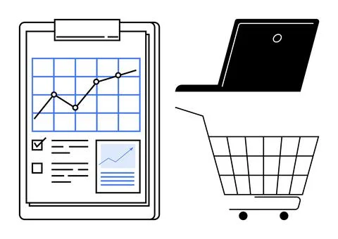 Business Analytics and E-Commerce with Graphs, Laptop, and Shopping Cart 스톡 일러스트