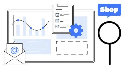 Business Analytics and E-commerce Elements with Graph, Email, and Checklist Stock Illustration